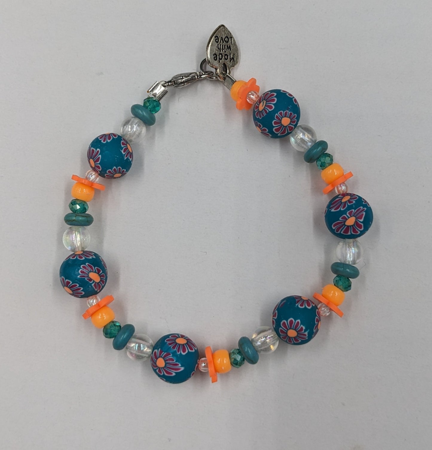 Teal/orange floral clay bead bracelet